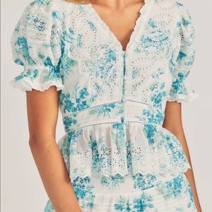 LoveShackFancy Annalee Top. NWT. Women’s size S.  Blue floral pattern.